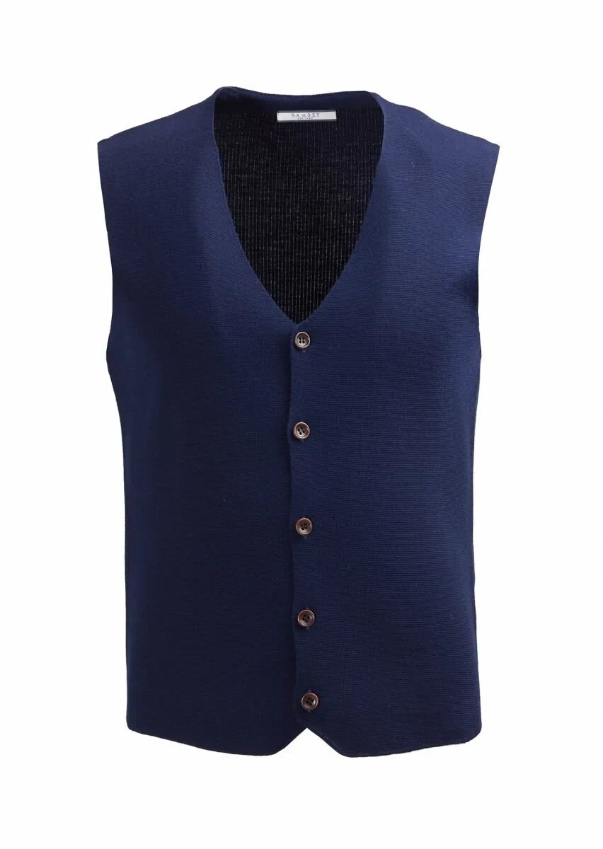 Lacivert Regular Fit V Yaka Casual Örme Triko Yelek - 1