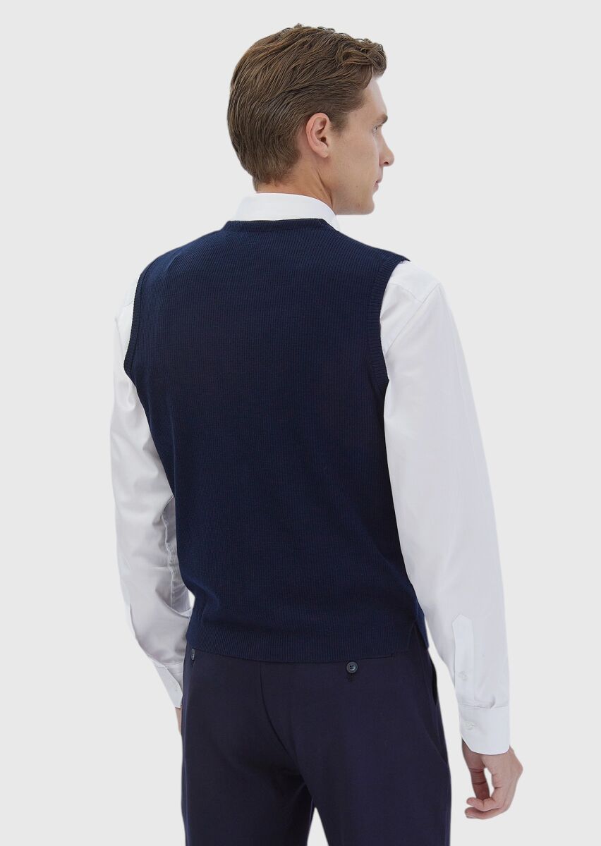 Lacivert Regular Fit V Yaka Casual Örme Triko Yelek - 5