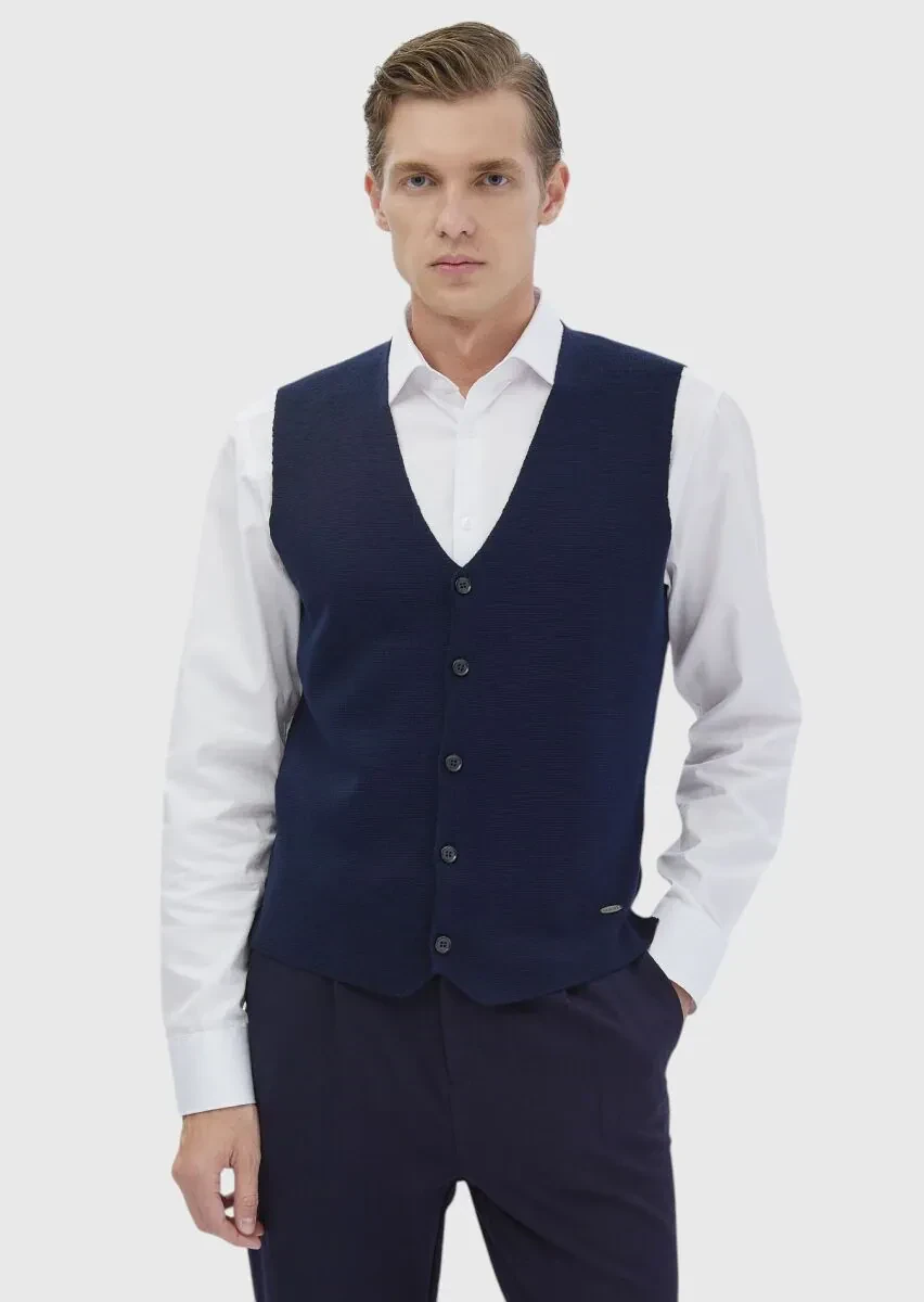 Lacivert Regular Fit V Yaka Casual Örme Triko Yelek - 1