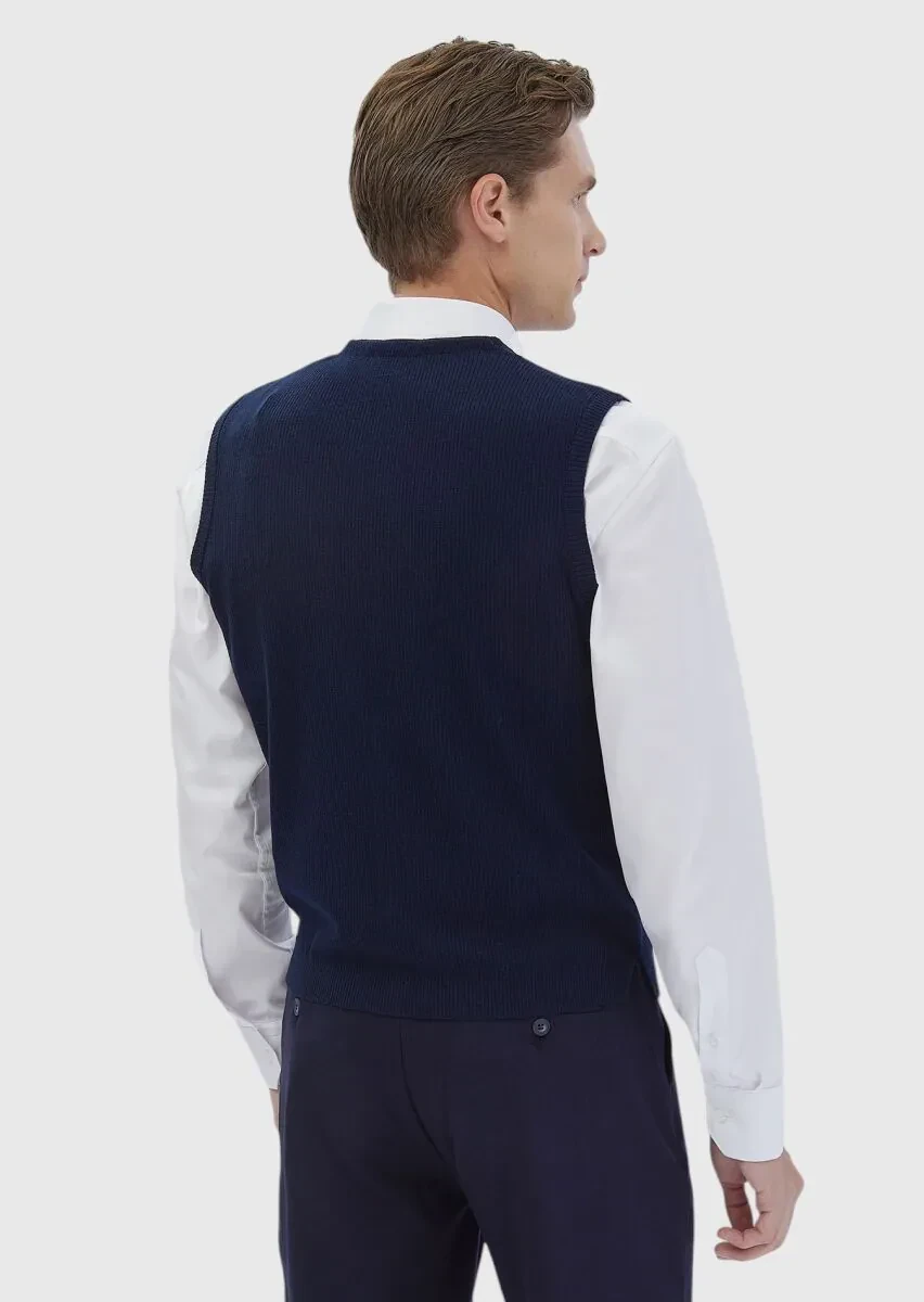 Lacivert Regular Fit V Yaka Casual Örme Triko Yelek - 5
