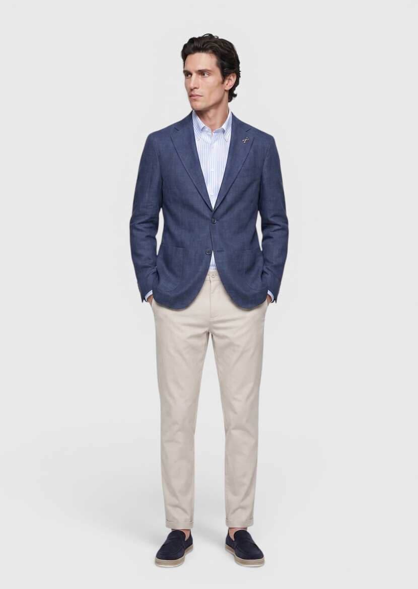 Lacivert Shirt Shoulder Slim Fit %100 Keten Ceket - RAMSEY
