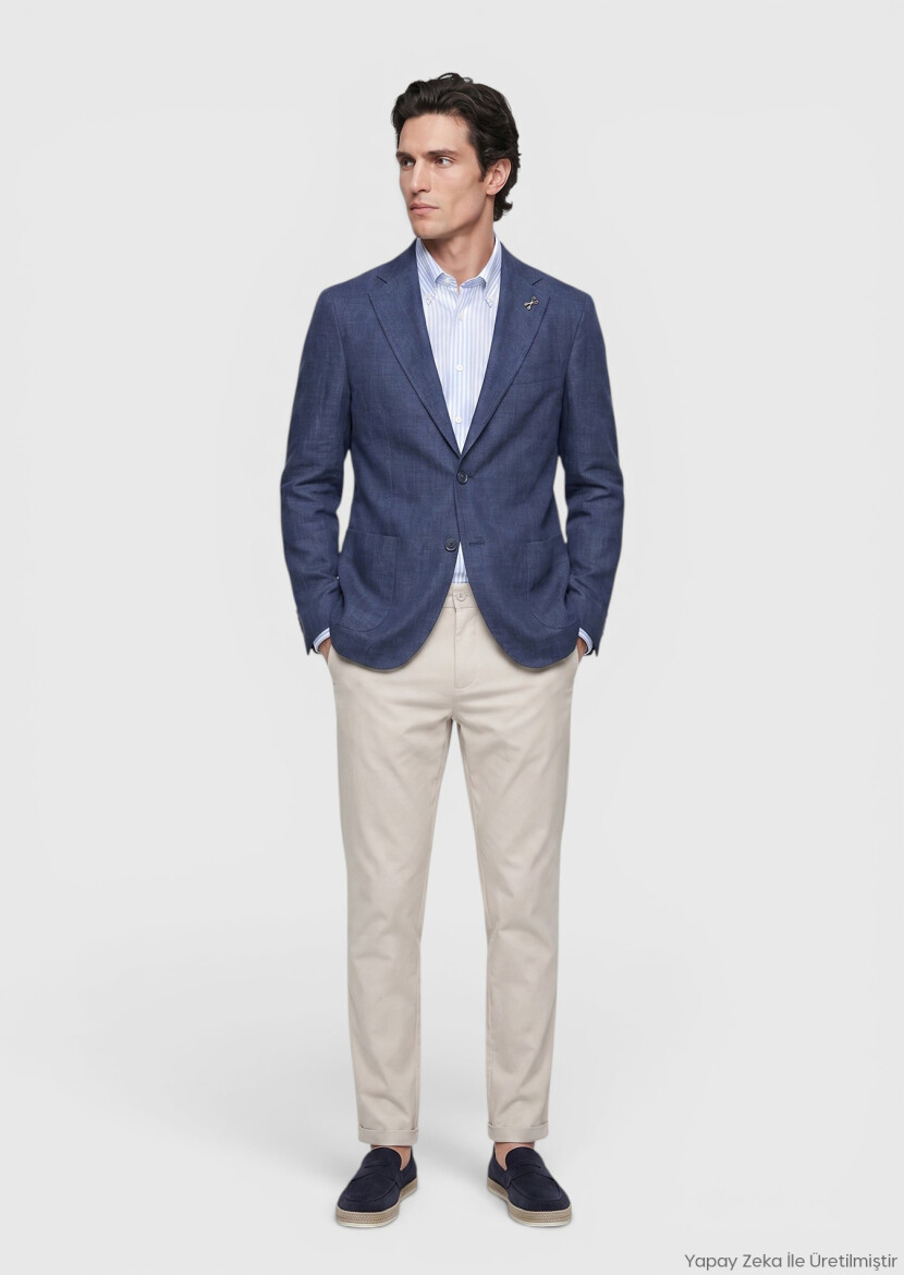 Lacivert Shirt Shoulder Slim Fit %100 Keten Ceket - RAMSEY