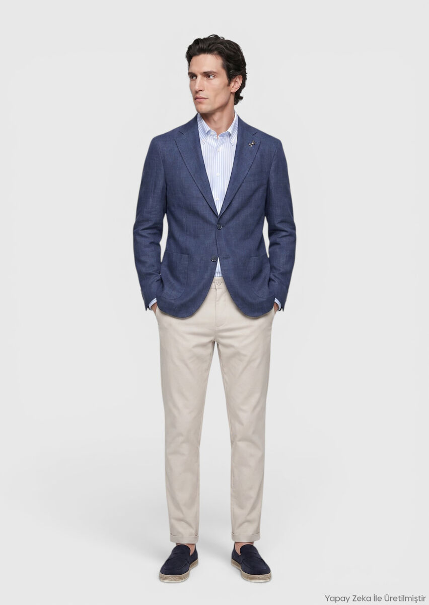 RAMSEY Lacivert Shirt Shoulder Slim Fit %100 Keten Ceket