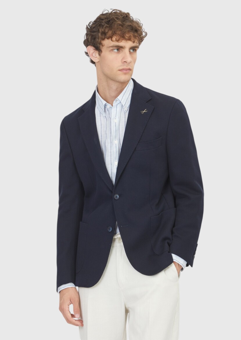 Lacivert Shirt Shoulder Slim Fit %100 Pamuk Örme Ceket - RAMSEY