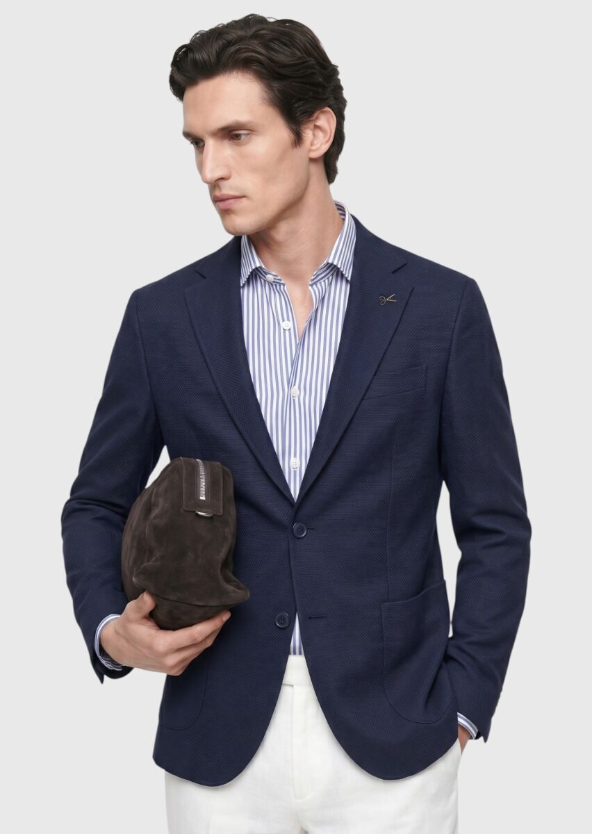 Lacivert Shirt Shoulder Slim Fit Yün Karışımlı Örme Ceket - 4