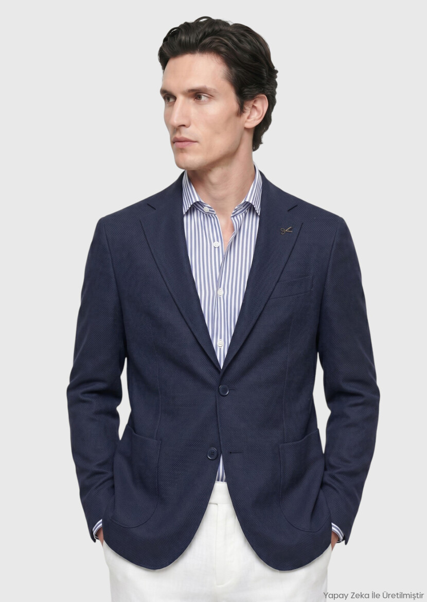Lacivert Shirt Shoulder Slim Fit Yün Karışımlı Örme Ceket - RAMSEY