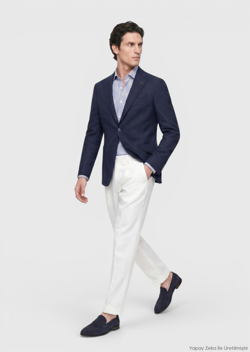 Lacivert Shirt Shoulder Slim Fit Yün Karışımlı Örme Ceket - RAMSEY