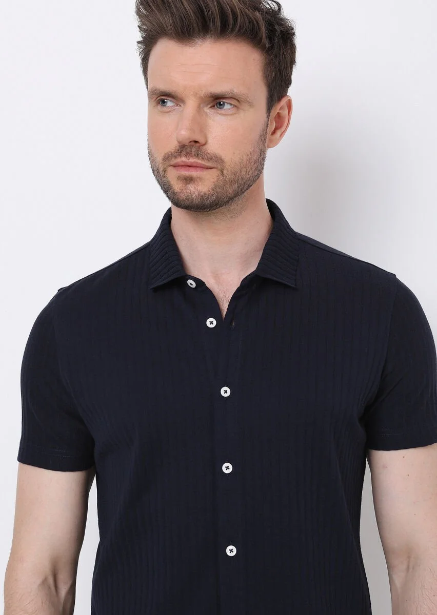 Lacivert Slim Fit Casual %100 Pamuk Gömlek - 4