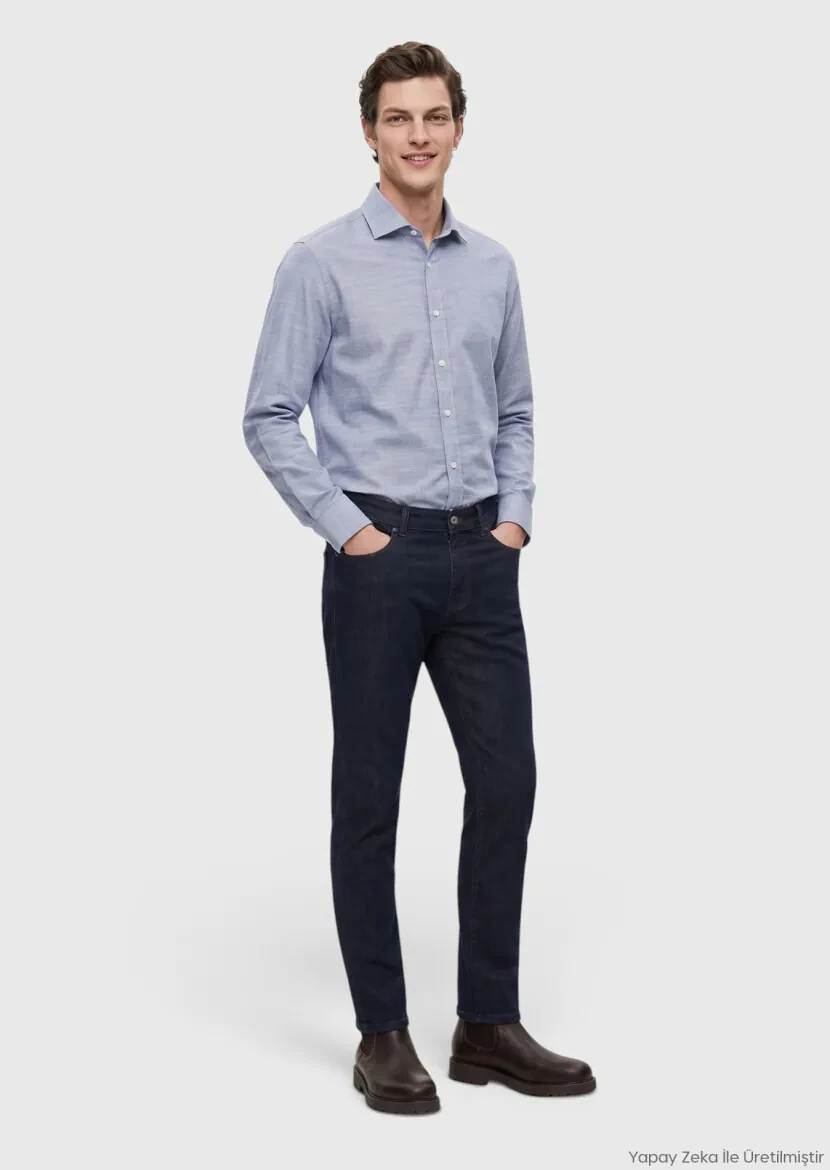 Lacivert Slim Fit Denim Pamuk Karışımlı Pantolon 
