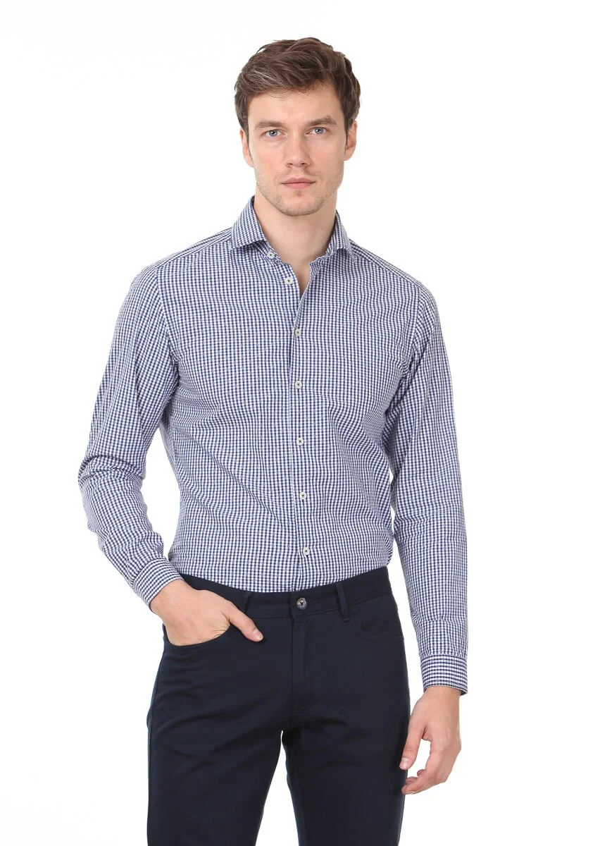 Lacivert Slim Fit Dokuma Casual %100 Pamuk Gömlek - 1