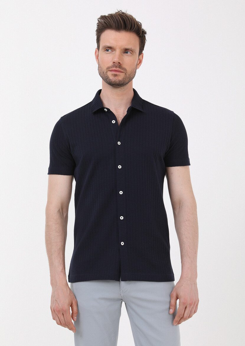 Lacivert Slim Fit Kısa Casual %100 Pamuk Gömlek 