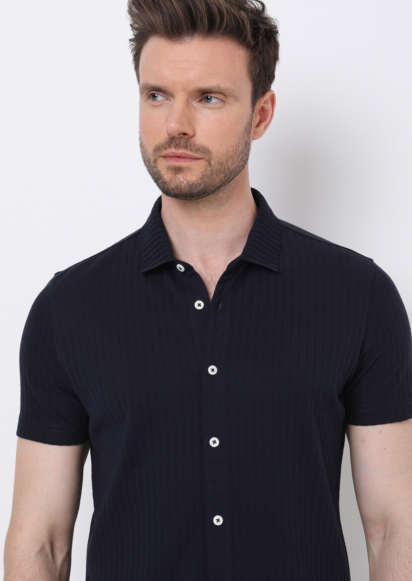 Lacivert Slim Fit Kısa Casual %100 Pamuk Gömlek - 4