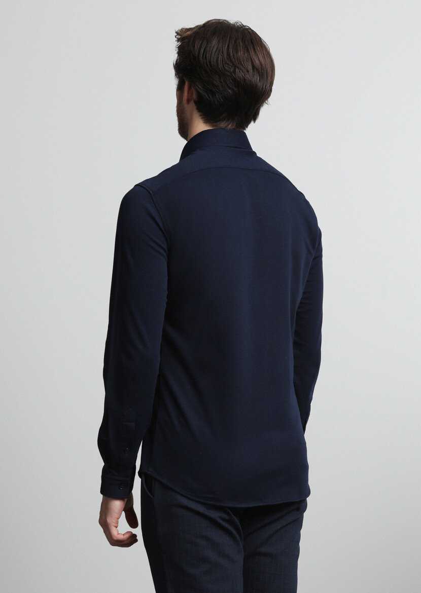 Lacivert Slim Fit Uzun Casual %100 Pamuk Gömlek - 3