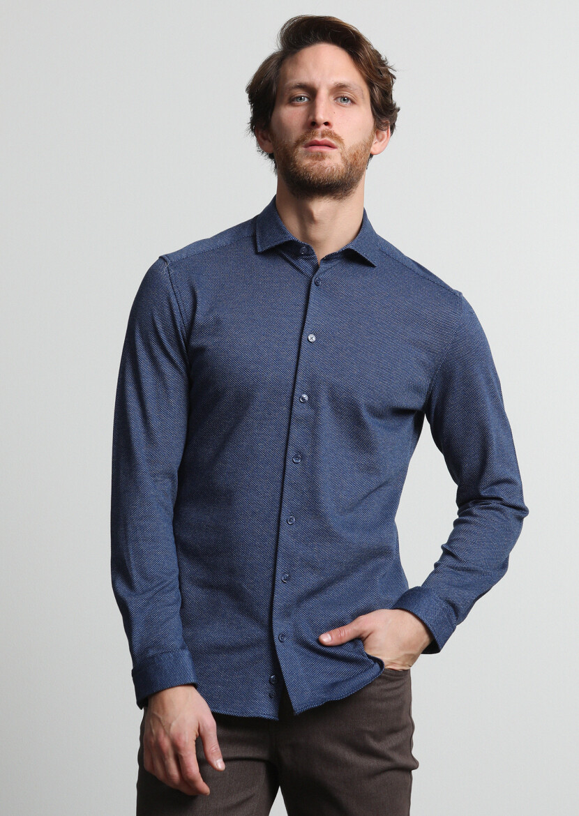 Lacivert Slim Fit Uzun Casual Pamuk Karışımlı Gömlek - 2