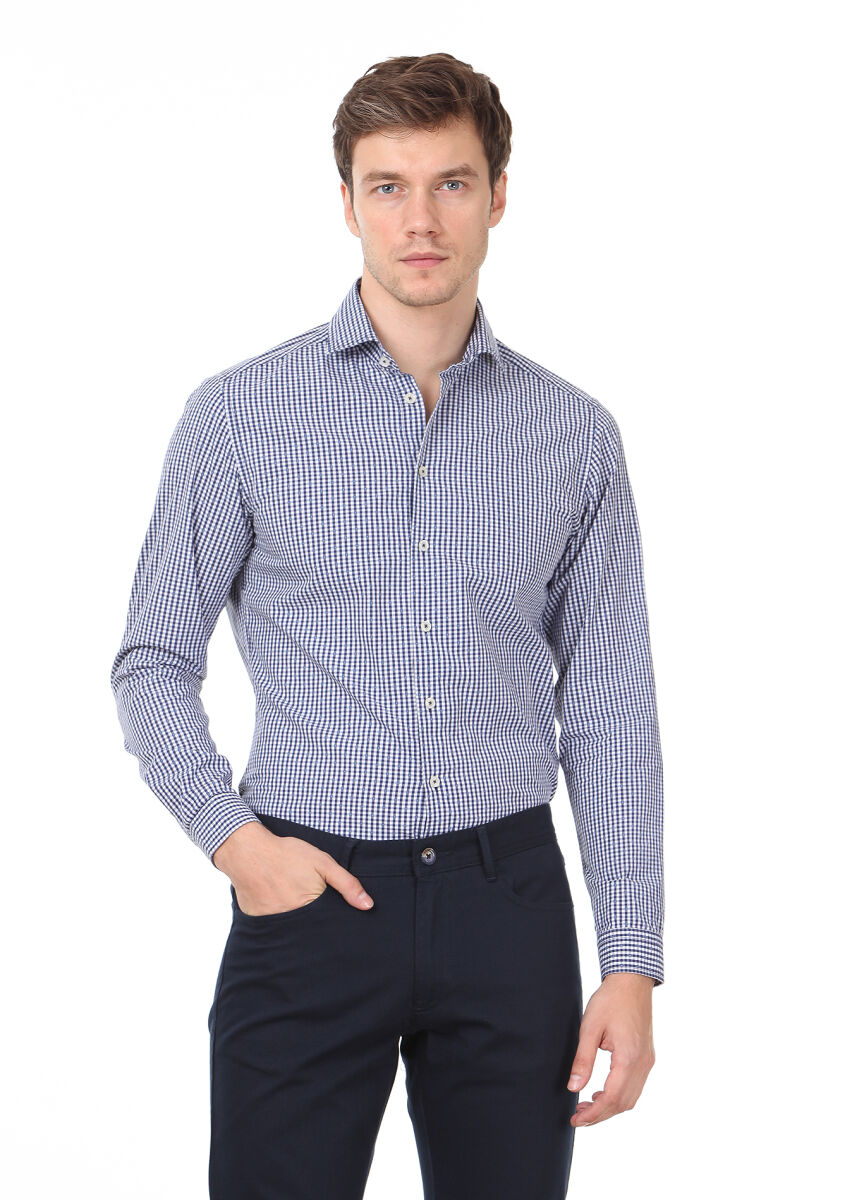Lacivert Slim Fit Uzun Dokuma Casual %100 Pamuk Gömlek - 1