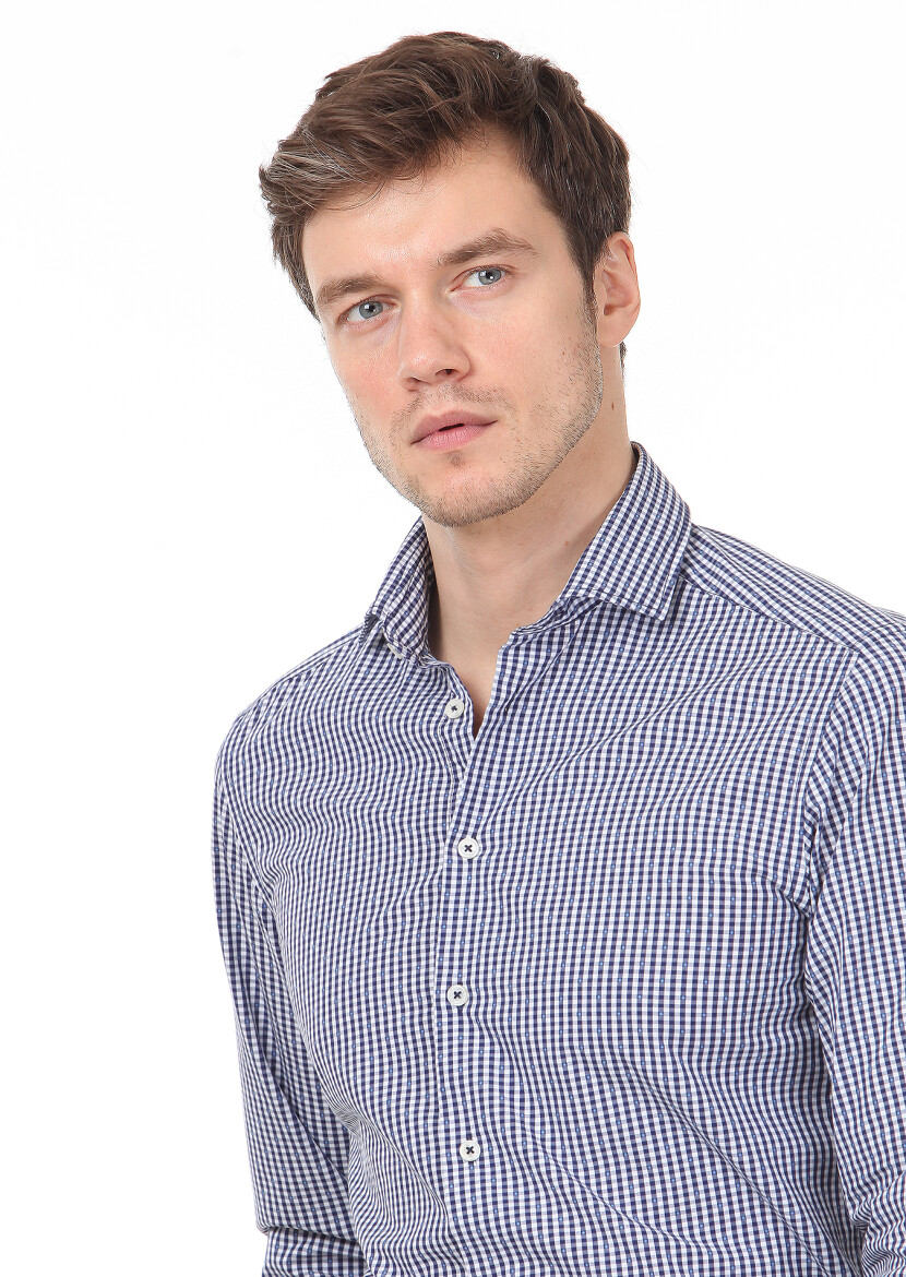 Lacivert Slim Fit Uzun Dokuma Casual %100 Pamuk Gömlek - 2