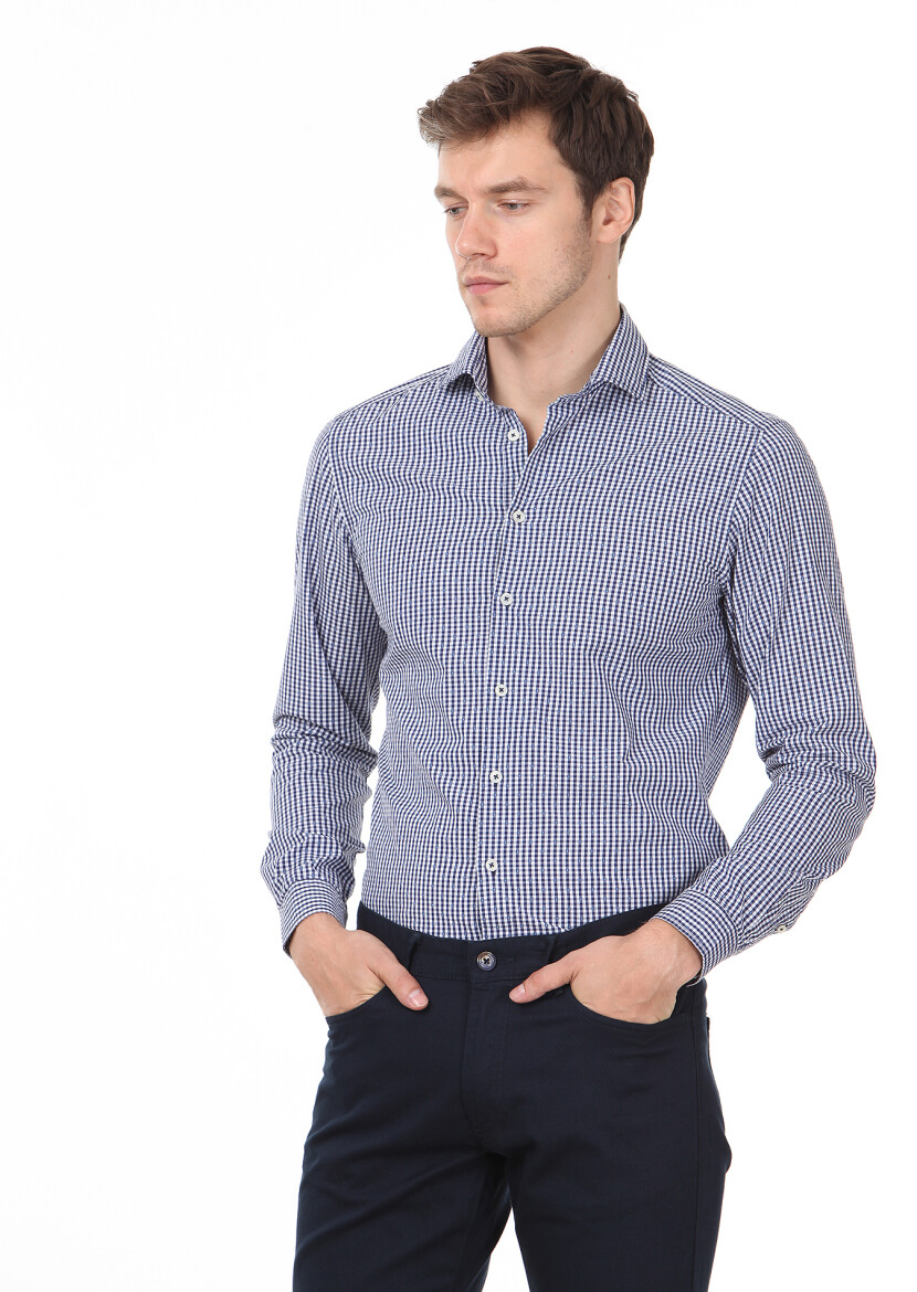 Lacivert Slim Fit Uzun Dokuma Casual %100 Pamuk Gömlek - 3