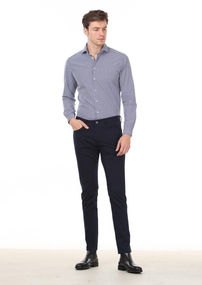 Lacivert Slim Fit Uzun Dokuma Casual %100 Pamuk Gömlek - 4