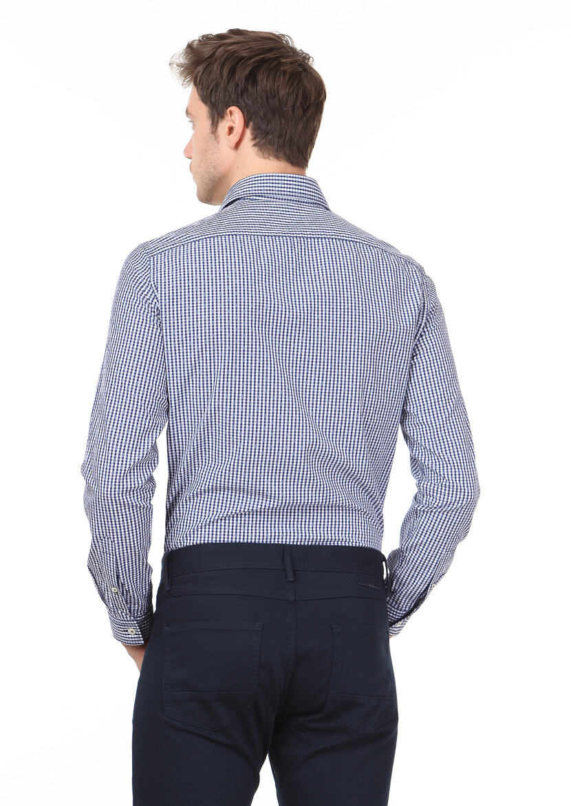 Lacivert Slim Fit Uzun Dokuma Casual %100 Pamuk Gömlek - 5