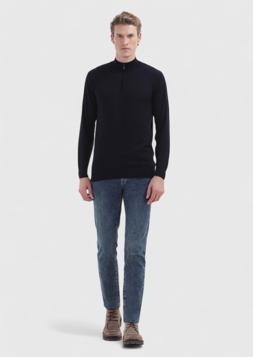 Lacivert Yarım Balıkçı Yaka Düz Örgü %100 Yün Triko Kazak - 1