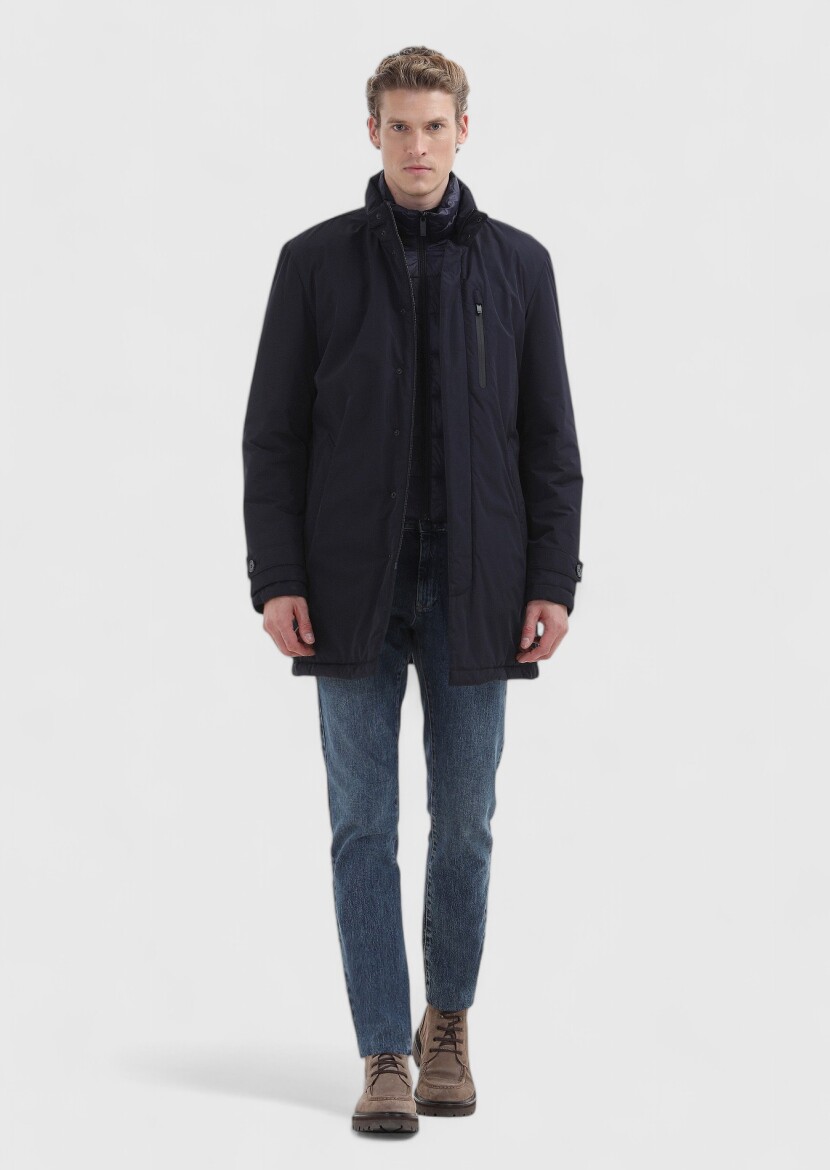 Lacivert Yarım Balıkçı Yaka Düz Örgü %100 Yün Triko Kazak - 3