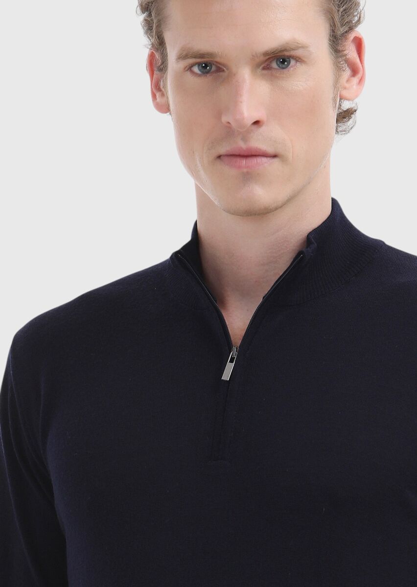 Lacivert Yarım Balıkçı Yaka Düz Örgü %100 Yün Triko Kazak - 4