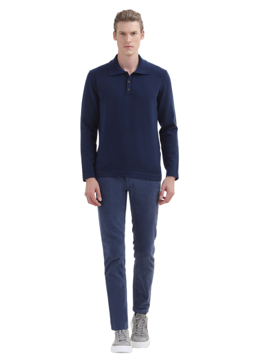 Lacivert Yarım Balıkçı Yaka Düz Örgü Triko Kazak 