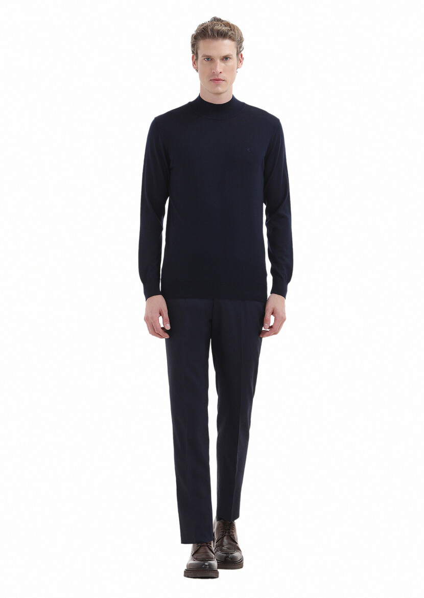 Lacivert Yarım Balıkçı Yaka Düz Örgü Yün Karışımlı Triko Kazak 