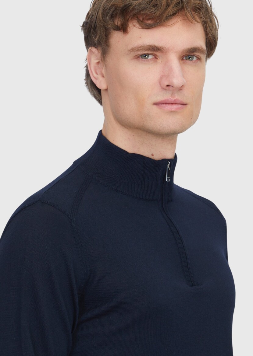 Lacivert Yarım Balıkçı Yaka Düz Örgü Yün Karışımlı Triko Kazak - 3