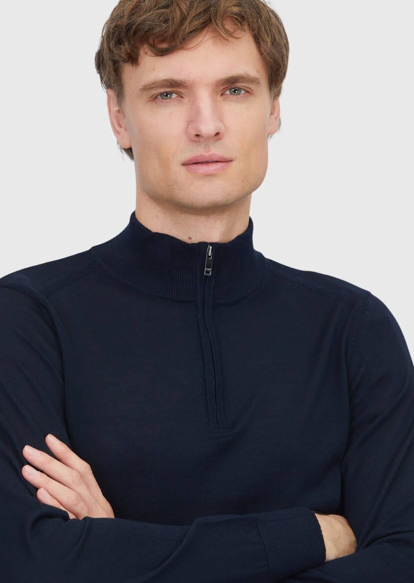 Lacivert Yarım Balıkçı Yaka Düz Örgü Yün Karışımlı Triko Kazak - 4