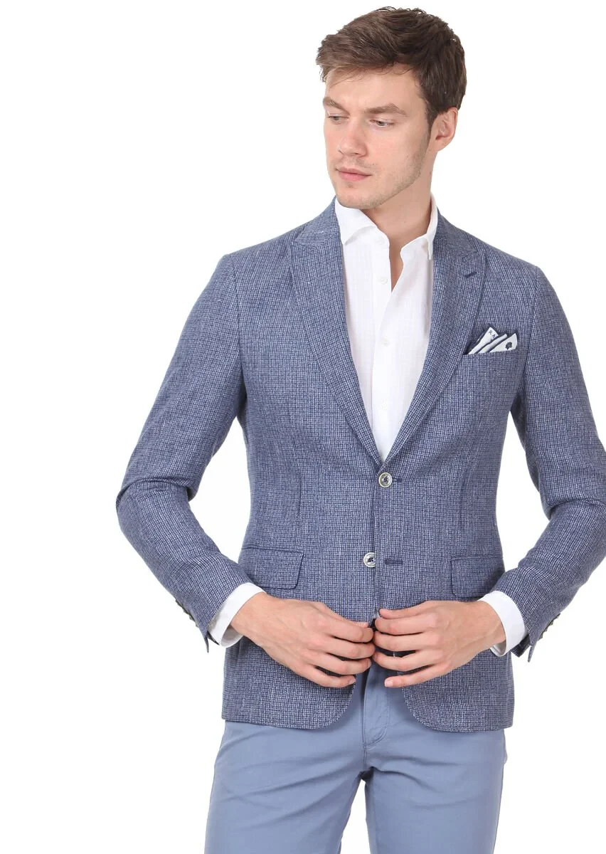 Lacivert Zeroweight Slim Fit %100 Keten Ceket - 1