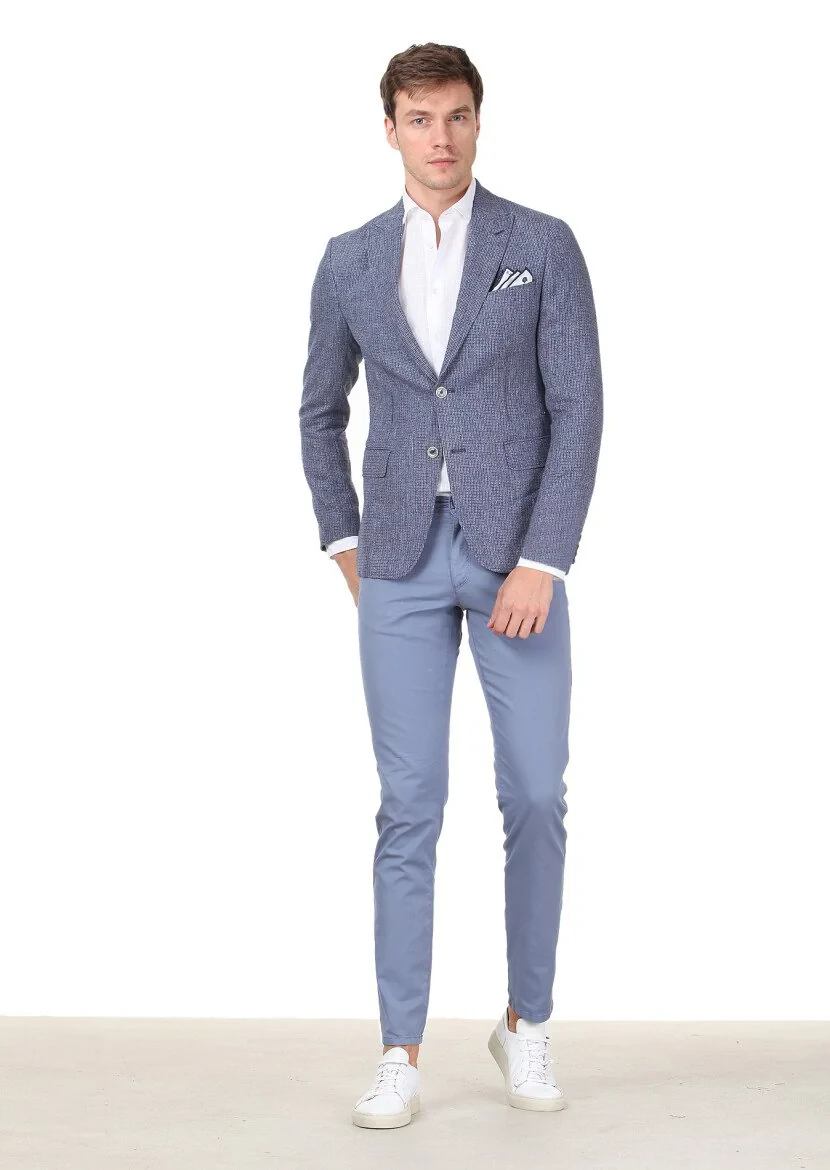 Lacivert Zeroweight Slim Fit %100 Keten Ceket - 2