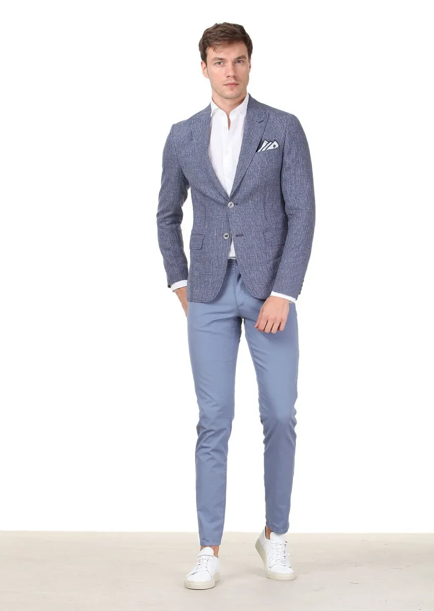 Lacivert Zeroweight Slim Fit %100 Keten Ceket - 2