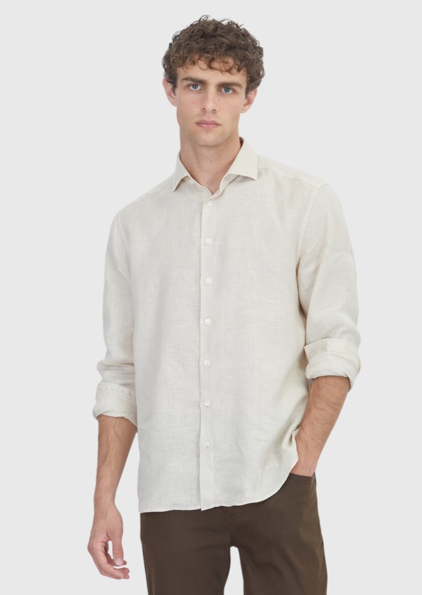 Light Beige Casual Fit Long Weaving Casual 100% Linen Shirt 