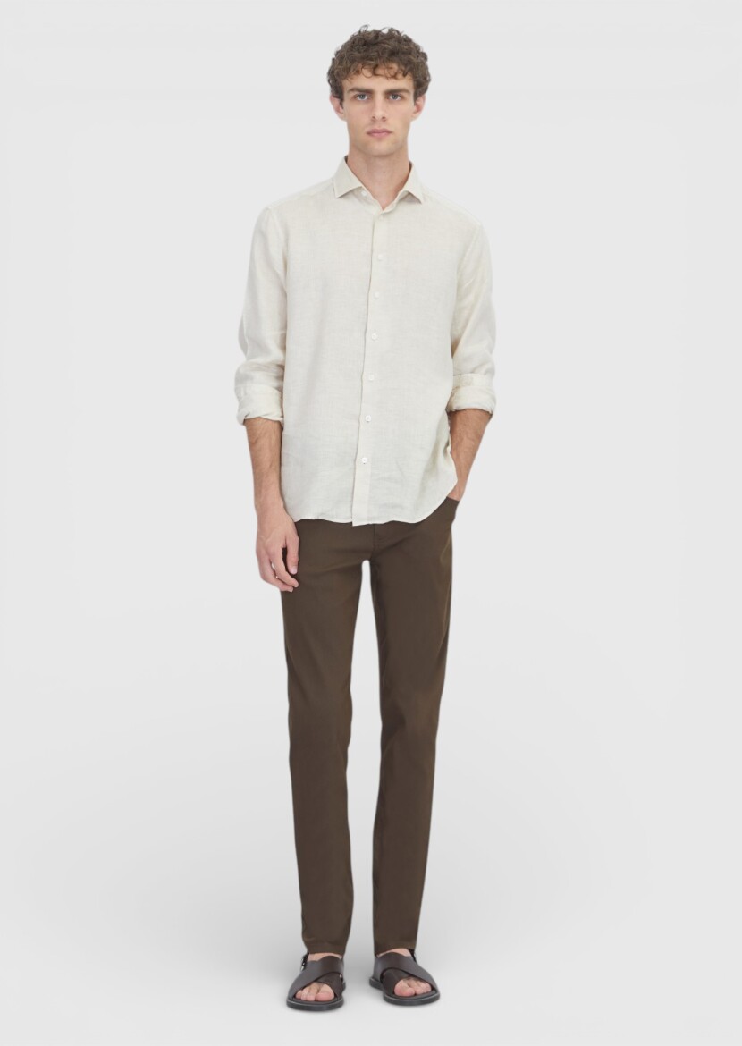 Light Beige Casual Fit Long Weaving Casual 100% Linen Shirt - RAMSEY