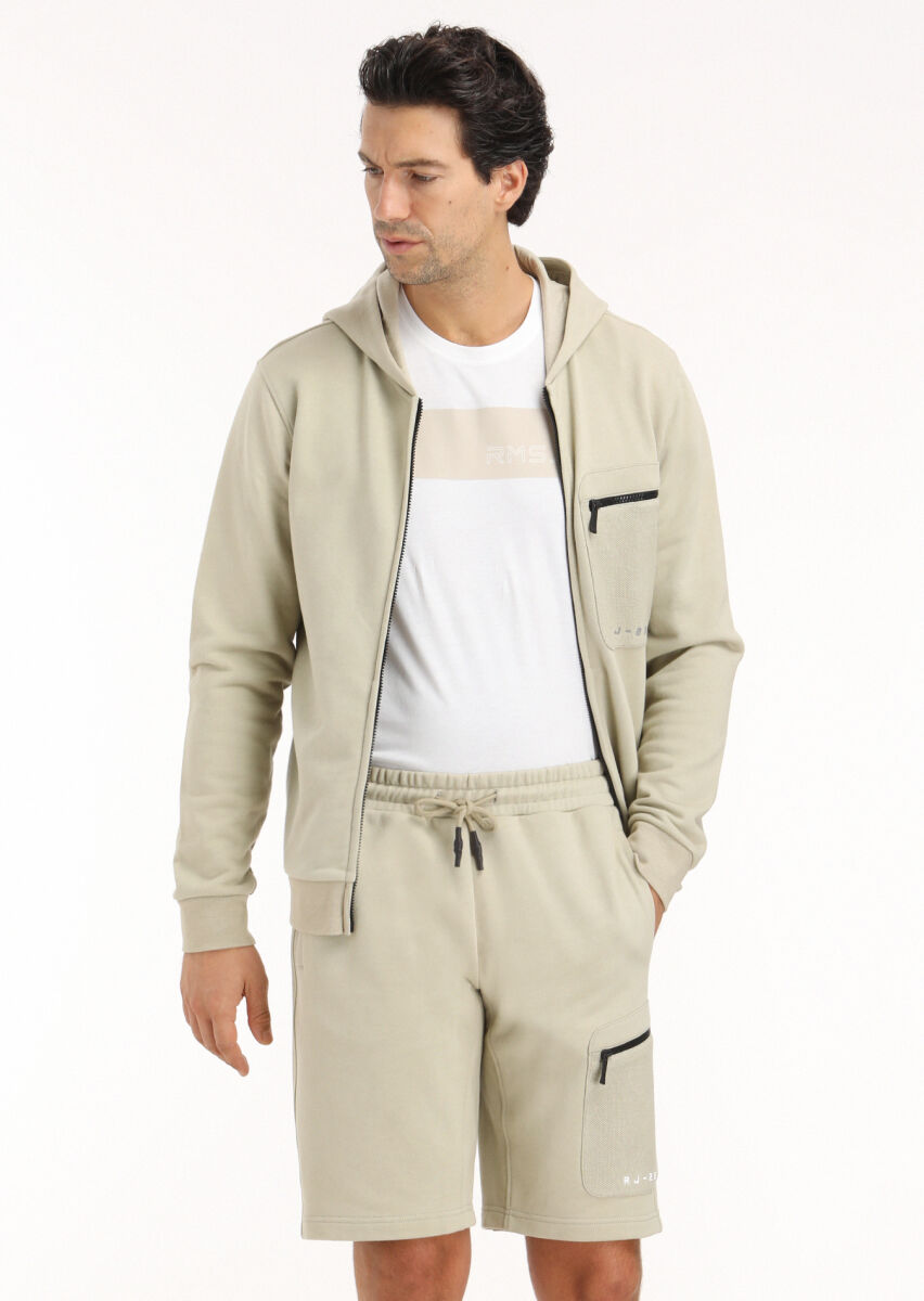 Light Beige Hooded Plain Sweatshirt - 3