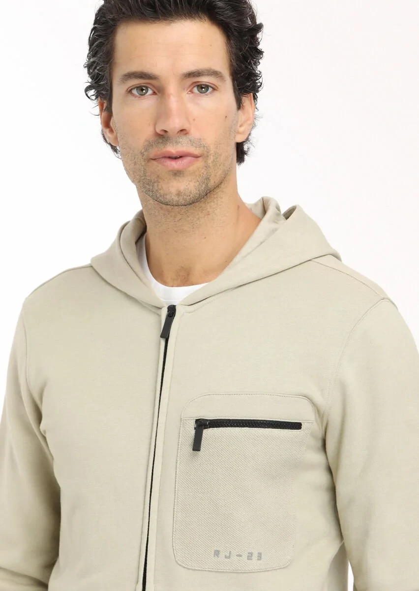 Light Beige Hooded Plain Sweatshirt - 4