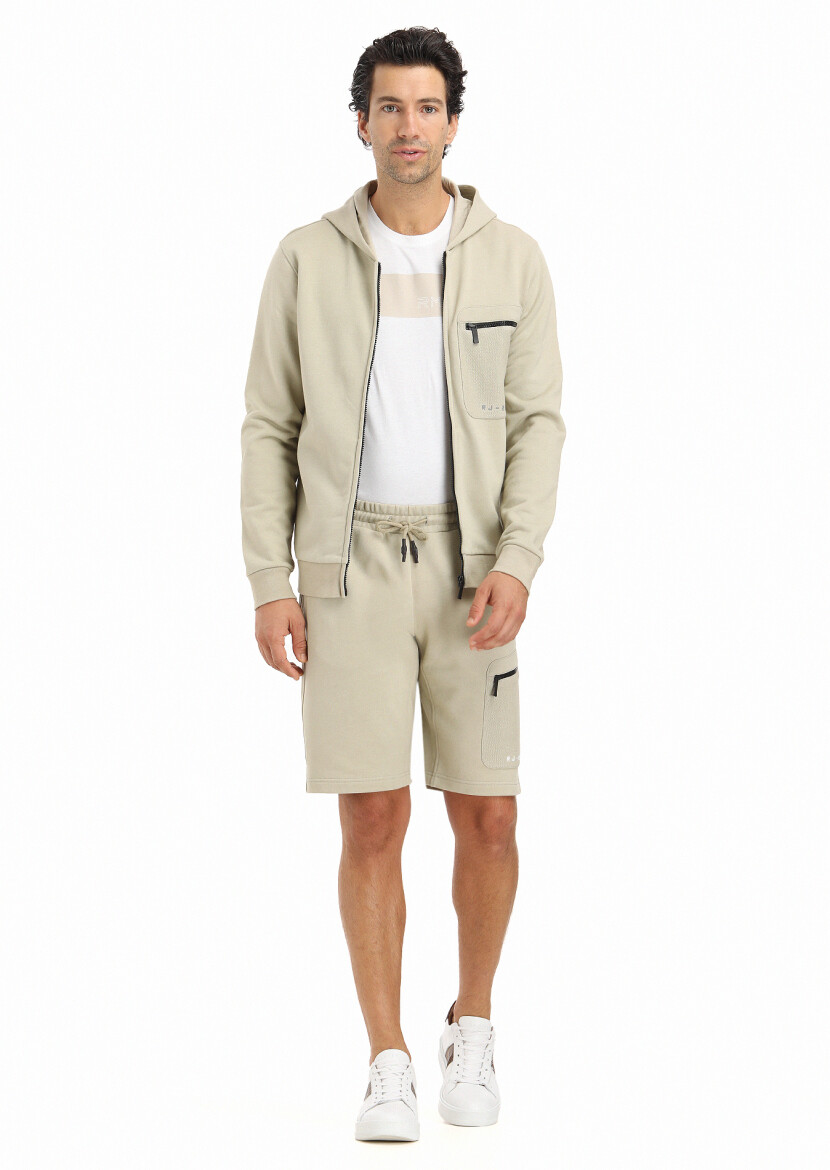 Light Beige Knitting Regular Fit Sport 100% Cotton Bermuda - 3