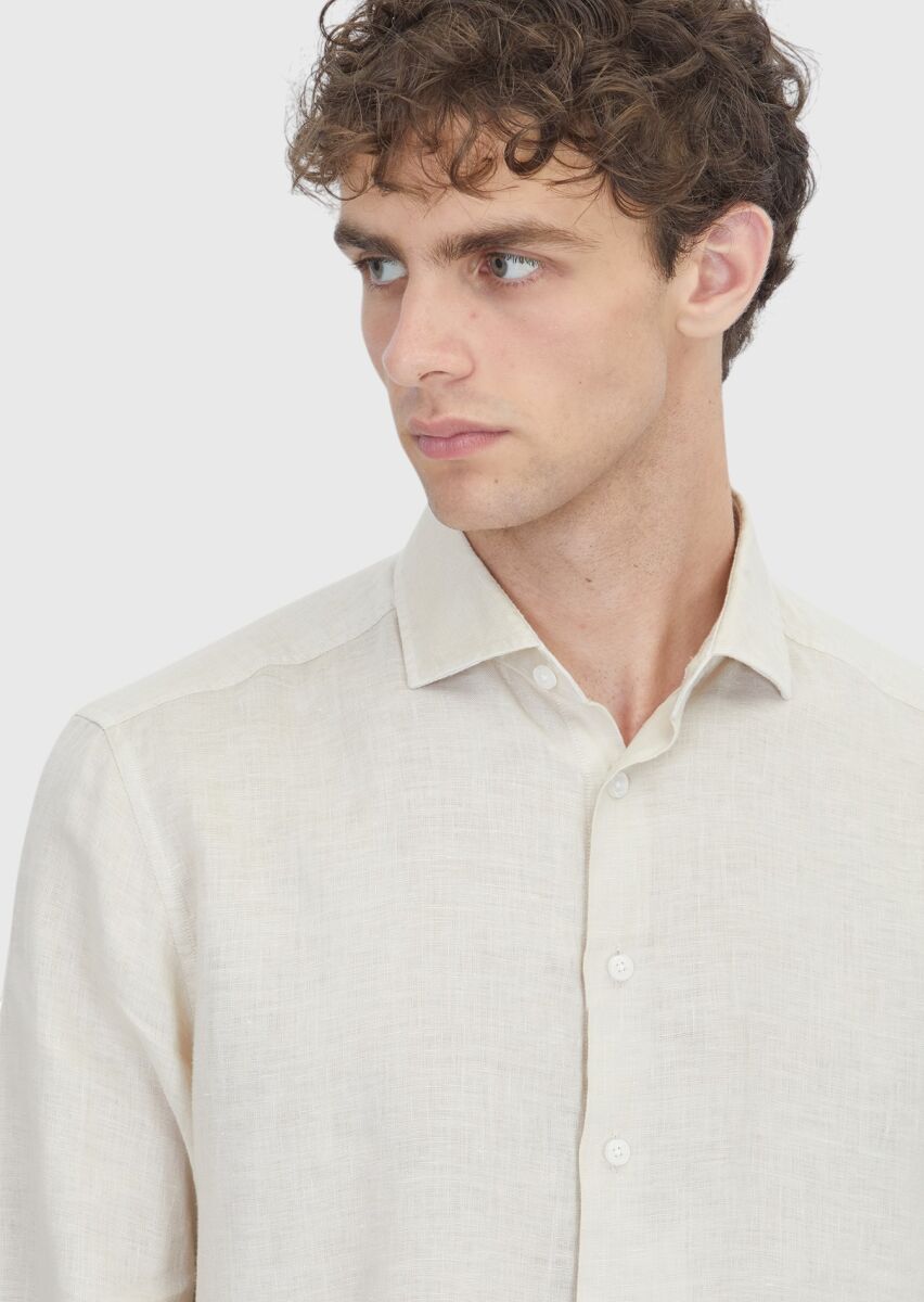 Light Beige Plain Casual Fit Long Weaving Casual 100% Linen Shirt - 3