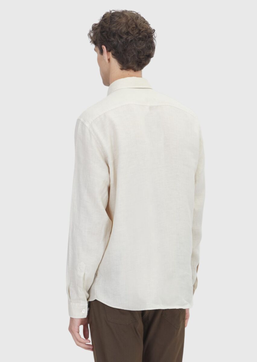 Light Beige Plain Casual Fit Long Weaving Casual 100% Linen Shirt - 5