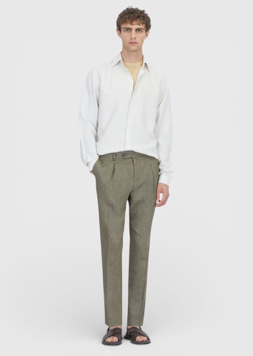 Light Beige Striped Casual Fit Long Weaving Casual Linen Blended Shirt - 2