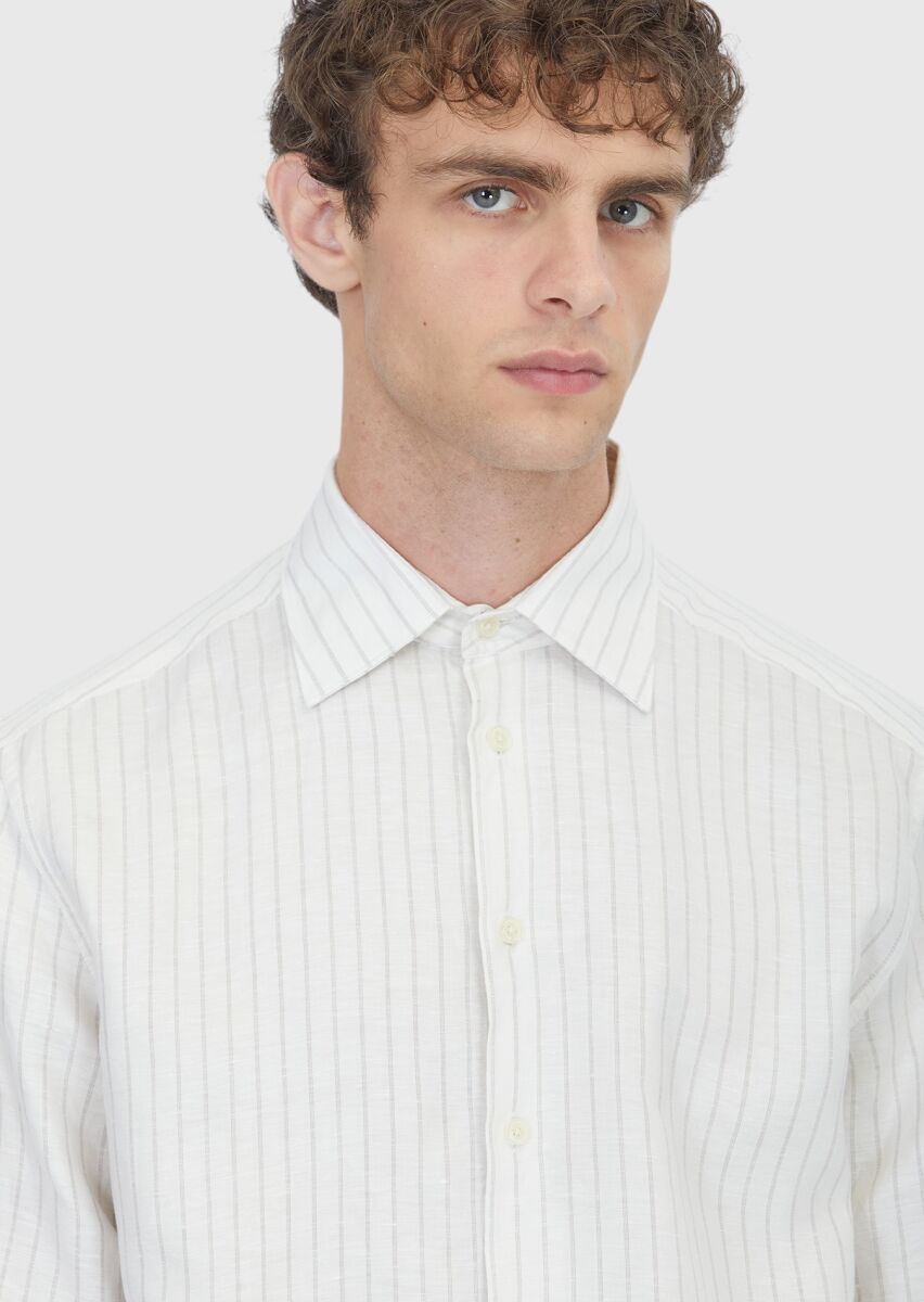 Light Beige Striped Casual Fit Long Weaving Casual Linen Blended Shirt - 3