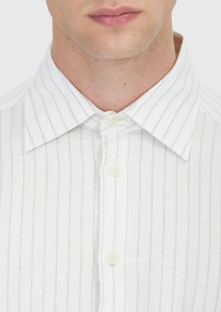 Light Beige Striped Casual Fit Long Weaving Casual Linen Blended Shirt - 5