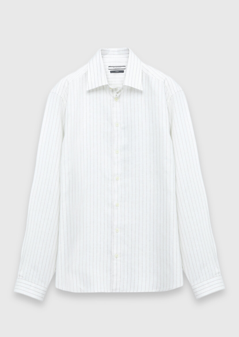 Light Beige Striped Casual Fit Long Weaving Casual Linen Blended Shirt - 7