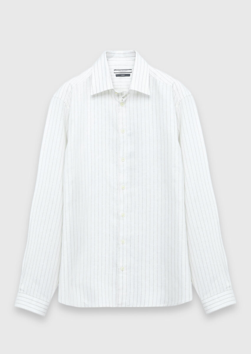 Light Beige Striped Casual Fit Long Weaving Casual Linen Blended Shirt - 7