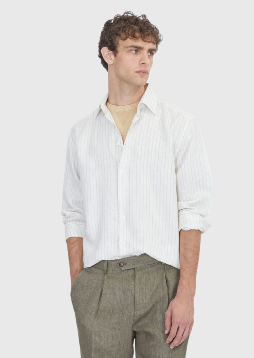 Light Beige Striped Casual Fit Weaving Casual Linen Blended Shirt - 1