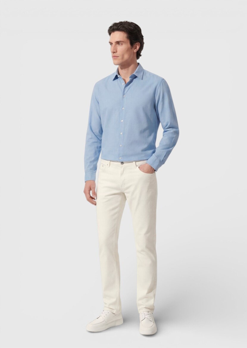 Light Beige Weaving Slim Fit Casual Cotton Blended Trousers - RAMSEY