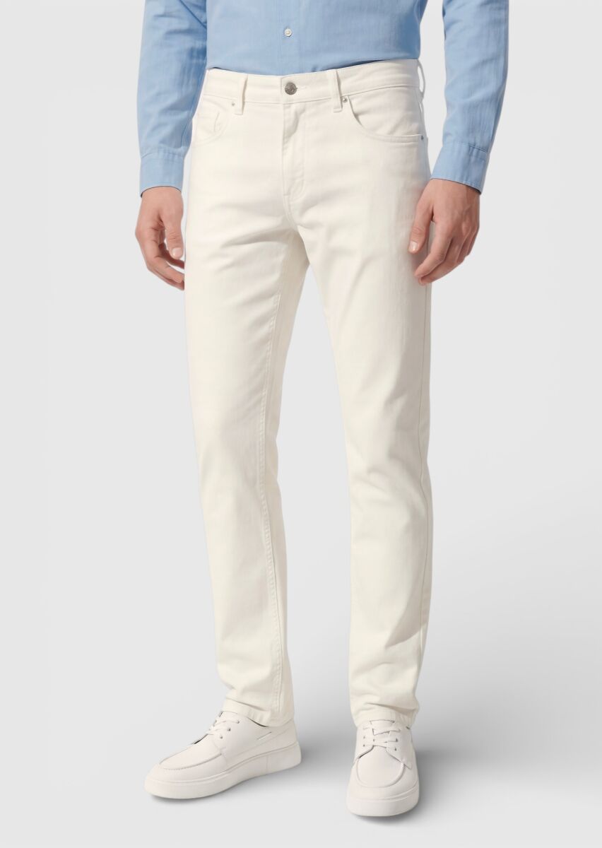 Light Beige Weaving Slim Fit Casual Cotton Blended Trousers - 2