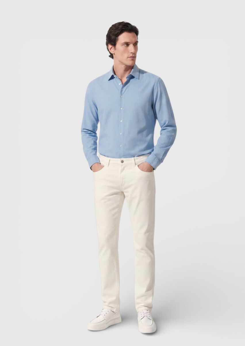 Light Beige Weaving Slim Fit Casual Cotton Blended Trousers - 3