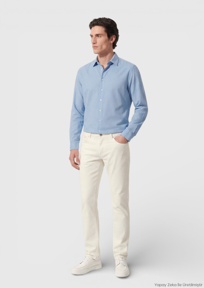 Light Beige Weaving Slim Fit Casual Cotton Blended Trousers 